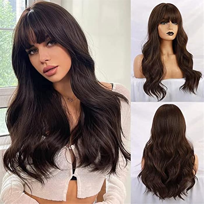 Arabest Long Wave Wigs with Bangs, Natural Curly Wavy Hair Brown Color Synthetic Wigs with Neat Bangs, Can Modify Heat Resistant Weave Wigs, Women Wigs for Daily Party Cosplay - Image 1